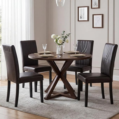 LSSBOUGHT Modern Dining Chair Set of 2,Urban Style Leather Kicthen Chairs with Solid Wood Legs for Dining Room and Restaurant (Brown-Quilted backrest)