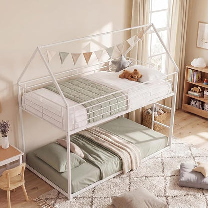 Giantex Twin Over Twin Metal Bunk Bed, House-Shaped Bunk Bed Frame with Safety Guardrail & Roof, Heavy-Duty Kids Floor Bed with Metal Slats for Boys Girls, No Box Spring Needed (White)