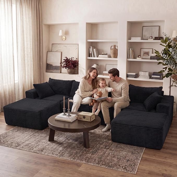 Claiks 132" Boneless Couch, Cloud Couch Sectional, U-Shape Corduroy Modular Sectional Sofa Deep Seat, Upholstered Couches for Living Room, No Assembly Required, Black