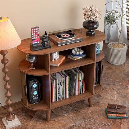 LUVIOHOME Large Round Record Player Stand with Charging Station & USB Ports，Record Storage Cabinet, Mid Century Modern Turntable Stand for Bedroom Living Room (Small Brown)