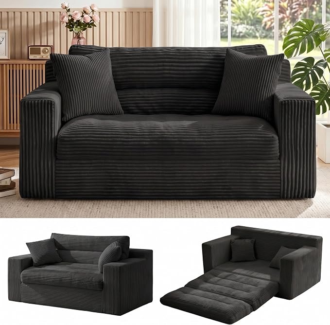 Erament Boneless Loveseat Sofa Couch, 2 in 1 Convertible Sofa Bed with Pillows, Fold Out Bean Bag Chair Boneless Floor Couch for Living Room Bedroom Office Lounge Apartment, No Assembly Needed, Black