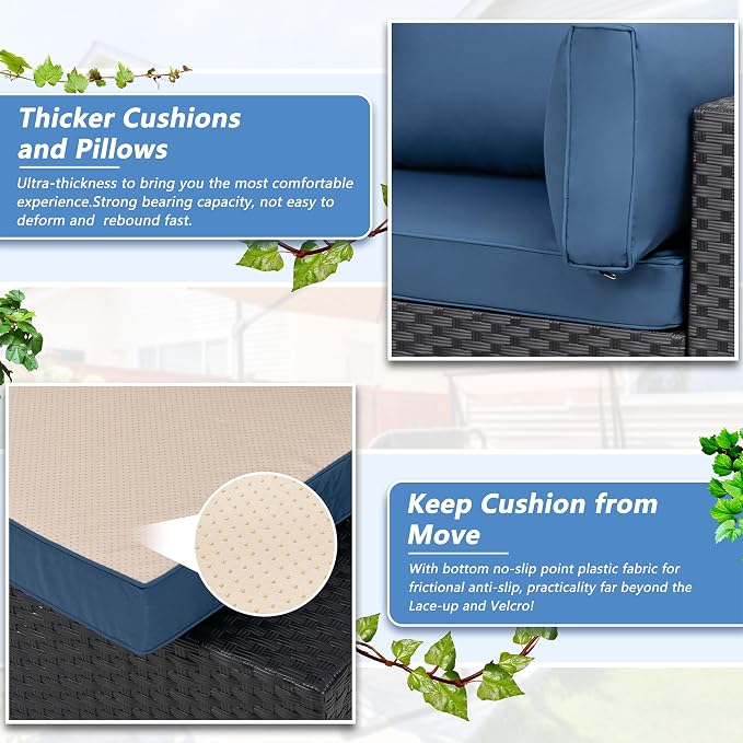 5 Piece Outdoor Patio Furniture Set,Black PE Rattan Wicker Sectional Sofa, All Weather Conversation Set with Washable Cushions & Glass Coffee Table for Backyard Poolside Garden Porch,Navy Blue