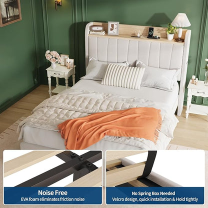 Garvee Upholstered Bed Frame Twin Size with Storage Headboard and Charging Station, Platform Bed Frame with Drawers, Heavy Duty, No Box Spring Needed, Easy Assembly, Beige