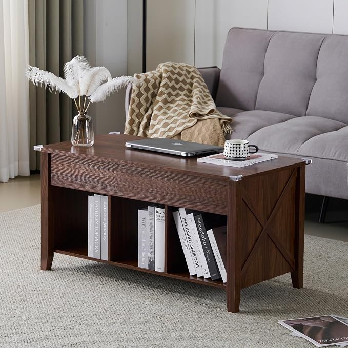 VINGLI Farmhouse Lift Top Coffee Table,38" Living Room Table,Rustic Brown