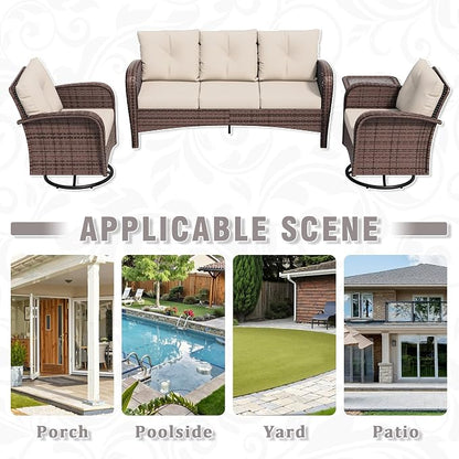 4 Piece Patio Conversation Set - 2 Swivel Chairs 1 Coffee Table 3-Seater Sofa, PE Wicker & Steel Patio Furniture with Heavy-Duty Steel Frame,Weatherproof Cushions, Beige