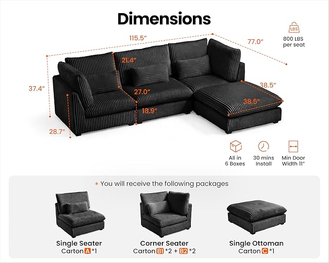115" Oversized Corduroy Couch Modular Sectional Sofa, Washable Cloud Couch Sectional with Ottoman, 4 Seater Sectional Couches for Living Room, Fully Cover Removable, L Shaped, Plush Corduroy, Black