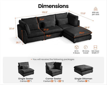 115" Oversized Corduroy Couch Modular Sectional Sofa, Washable Cloud Couch Sectional with Ottoman, 4 Seater Sectional Couches for Living Room, Fully Cover Removable, L Shaped, Plush Corduroy, Black