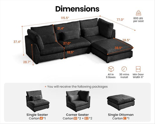 115" Oversized Corduroy Couch Modular Sectional Sofa, Washable Cloud Couch Sectional with Ottoman, 4 Seater Sectional Couches for Living Room, Fully Cover Removable, L Shaped, Plush Corduroy, Black