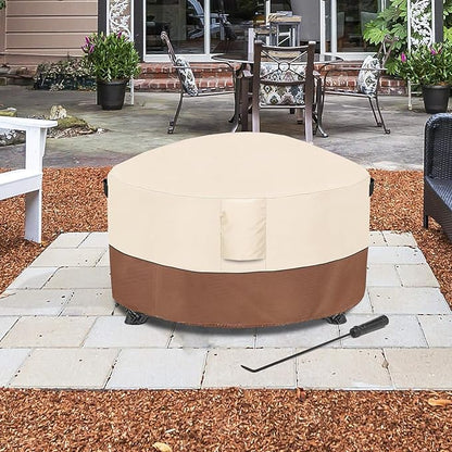 Fire Pit Cover,Outdoor Heavy Duty 600D 100% Waterproof Fire Pit Cover Round,Weatherproof Firepit Covers Round 36" Dia x 24" H,Beige & Brown