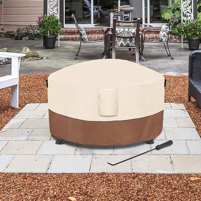 Fire Pit Cover,Outdoor Heavy Duty 600D 100% Waterproof Fire Pit Cover Round,Weatherproof Firepit Covers Round 38" Dia x 24" H,Beige & Brown