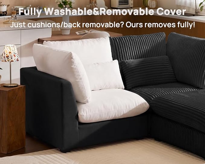 154" Oversized Corduroy Couch Modular Sectional Sofa, Washable Cloud Couch Sectional with 4 Ottoman, 8 Seater Sectional Couches for Living Room, Fully Cover Removable, Sleeper Sofa, Corduroy, Black