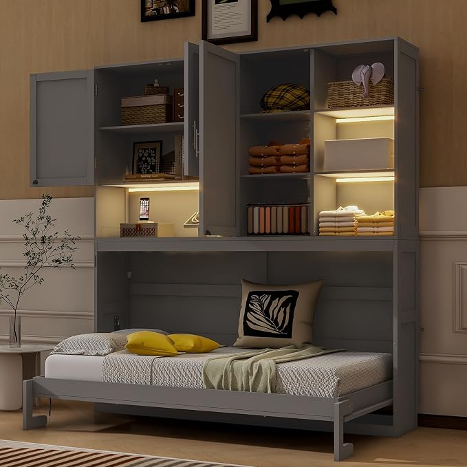 Ball & Cast Murphy Bed Twin Bed Frame with Top Cabinet,Hideaway Bedframe w/Shelves and Dual-Piston Metal Folding Mechanism,Space Saving Foldable Bed w/Light & USB,for Small Room,Gray