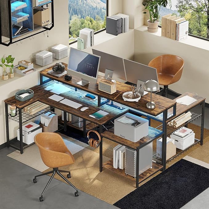 Bestier 71.5 inch Computer Desk with Power Outlets, L Shaped LED Home Office Desk with Long Monitor Stand, Large Corner Desk with Storage Shelf, Cup Holder & Headset Hooks, Modern Simple Table | Printer Shelf, Adjustable Metal Grid, Adjustable Monitor ...