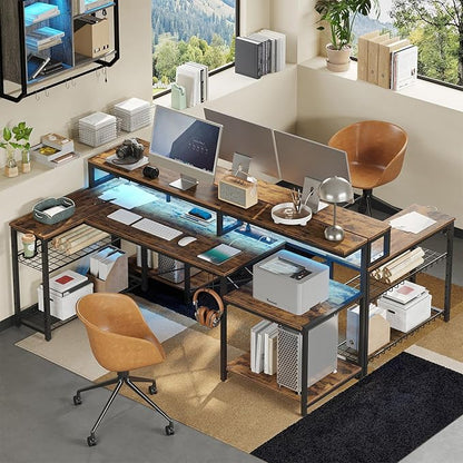 Bestier 71.5 inch Computer Desk with Power Outlets, L Shaped LED Home Office Desk with Long Monitor Stand, Large Corner Desk with Storage Shelf, Cup Holder & Headset Hooks, Modern Simple Table | Printer Shelf, Adjustable Metal Grid, Adjustable Monitor ...