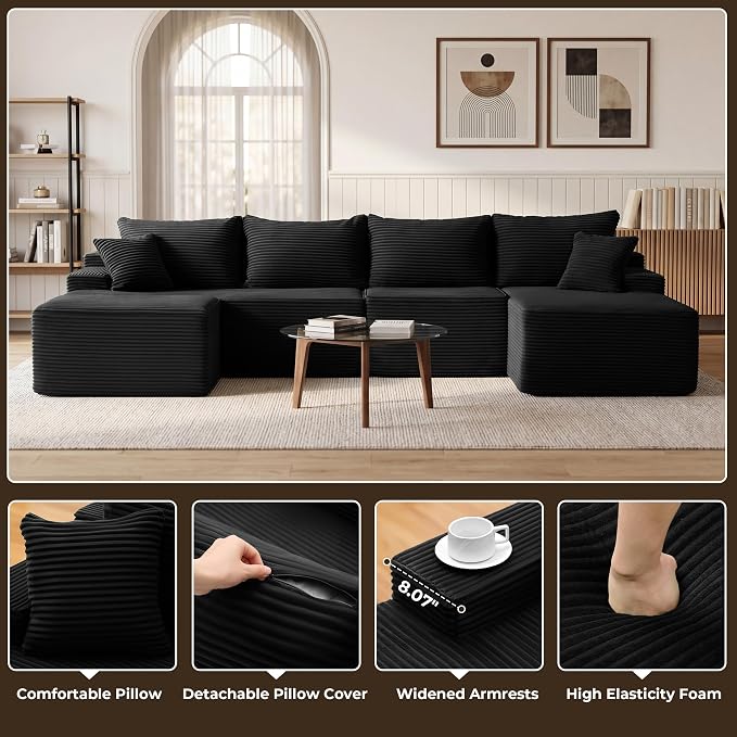 Mangodan 118'' Cloud Sectional Couch, U Shaped Boneless Couches for Living Room, Modular Sectional Sofa with Deep Seat Right Facing Chaise, Comfy Cloud Couch Sofa, Black