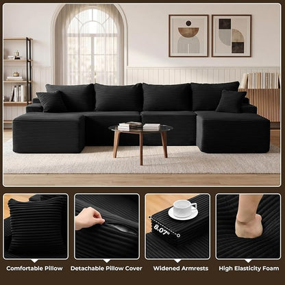 Mangodan 118'' Cloud Sectional Couch, U Shaped Boneless Couches for Living Room, Modular Sectional Sofa with Deep Seat Right Facing Chaise, Comfy Cloud Couch Sofa, Black