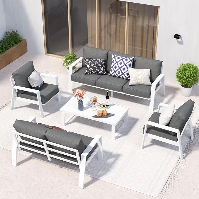 Outdoor Couch 3-Seat All-Weather Metal Outdoor Sofa, Oversized Patio Couch, Aluminum Patio Sofa with 5" Cushions (White/Dark Grey)