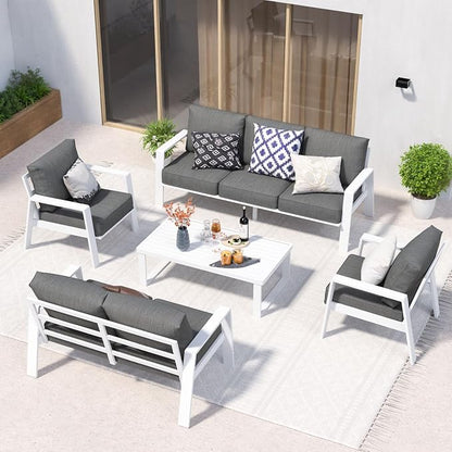 2 Pieces Aluminum Outdoor Armchair, Oversized Patio Couch, Modern Sofa All Weather Metal Furniture Set with 5" Cushions (White/Dark Grey