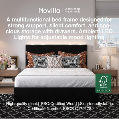 Novilla King Bed Frame and Headboard, King Size Bed Frame with Storage Drawers, King Bed Frame with LED Lights, Charging Station and Adjustable Headboard, No Box Spring Needed, Black Velvet