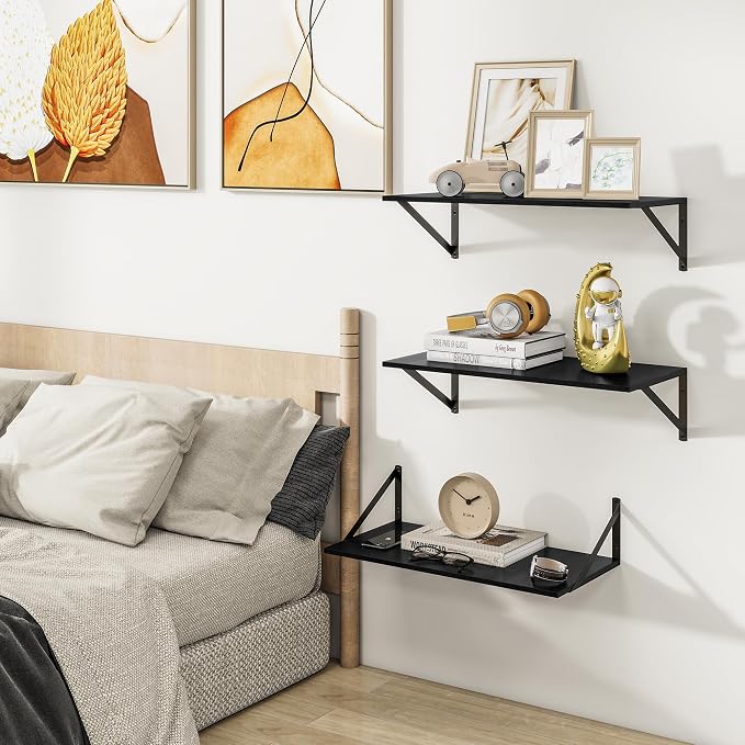 Heimlove Deep Floating Shelves for Wall, Wood Wall, Wide Floating Bookshelf for Living Room, Kitchen, Office, Bedroom and Decor Storage,Black with Metal Bracket, 24wx12dx5.8h, 3Shelves