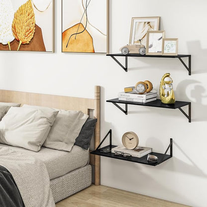Heimlove Deep Floating Shelves for Wall, Wood Wall, Wide Floating Bookshelf for Living Room, Kitchen, Office, Bedroom and Decor Storage,Black with Metal Bracket, 24wx12dx5.8h, 3Shelves