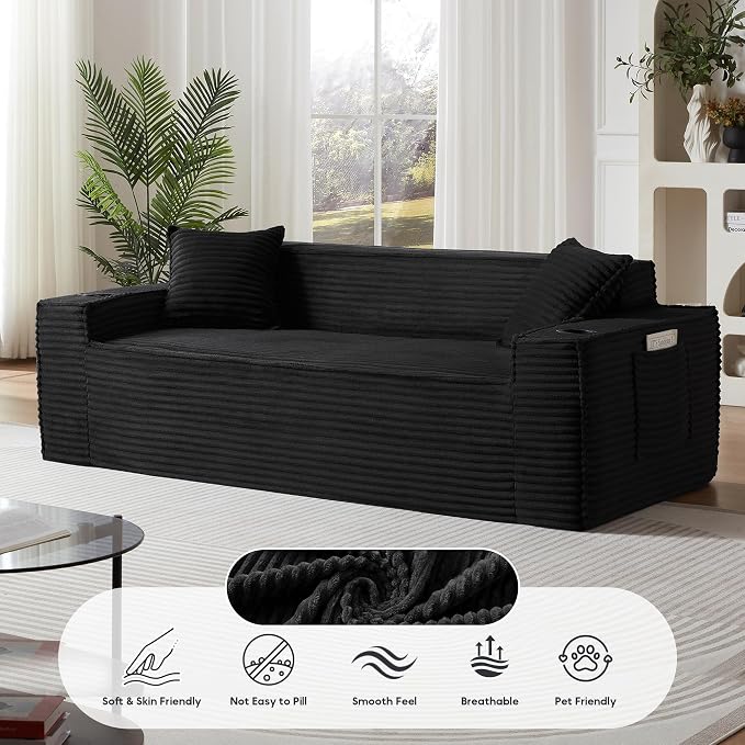 Boneless Sectional Sofa Couch with Cup Holders & Side Pockets, Modern Corduroy Fabric Deep Seat 3-seat Cloud Couch for Living Room Office, No Assembly (Black)