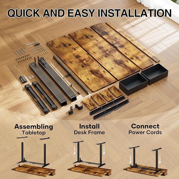 Veken 47x28 in Electric Standing Desk with Drawers, Adjustable Table, Brown | Stand up Computer Desk for Home Office, Work & Study, with Storage, 3 Memory Presets, Cable Organizer, Hook, and Quiet Lift.