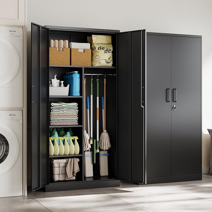 Letaya Metal Storage Cabinets Locker with Lock Door, 72'' Clothing Coat Steel Storage Freestanding Wardrobe for Office, Home, School, Employee,Gym,Fire Department (Black)