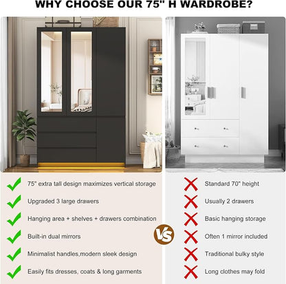 75"H Tall Modern 3 Doors Wooden Armoire Wardrobe Closet with 3 Drawers & 2 Mirror,Clothing Storage Cabinet with Hanging Rod,Bedroom Large Freestanding Armoires with Led Lights for Bedroom,Black