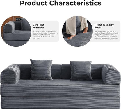 79" 5-in-1 Convertible Sofa Bed No Assembly, Boneless Couch Bed with High Density Foam, Foldable Sleeper Sofa, Corduroy Modular Couch for Apartment, Studio, Dorm Room, Small Space, Dark Gray