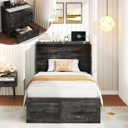 LUXOAK Twin Murphy Bed with Built-in Charging Station and Storage Drawer, Farmhouse Foldable Cabinet Bed for Guest Room, Apartment or Home Office, Black Oak
