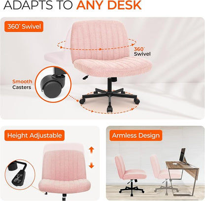 Orange Factory Criss Cross Chair Wheels Wide Cross Legged Office Desk Vanity Chair Comfy Fabric Armless Adjustable Swivel for Home Computer Task (Pink Wheel, Fabric)