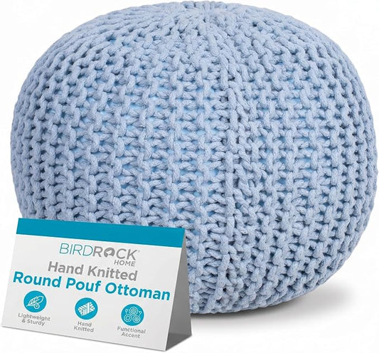 BIRDROCK HOME Round Pouf Ottoman Foot Rest - 18.5”x18.5”x15” Boho Compact Comfortable Soft Cotton Braided Foot Stool with Bean Bag Filling for Living Room, Bedroom, or Nursery (Soft Blue)