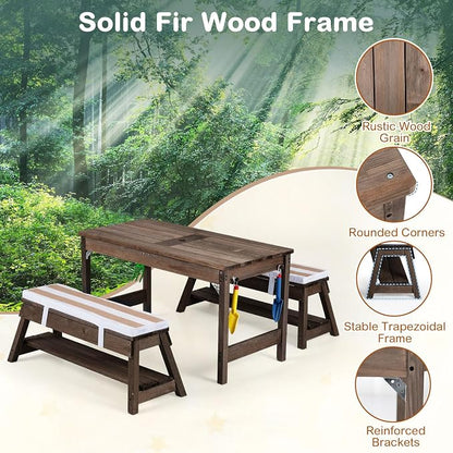 Costzon 4-in-1 Kids Picnic Table with Umbrella, Sand & Water Sensory Bins | Wooden Toddler Outdoor Table with Benches, Cushions, Cover, Gardening Tools, Kids Outdoor Furniture for Patio Backyard