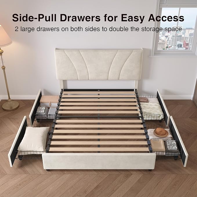 Novilla King Size Bed Frame with Storage Drawers, King Bed Frame and Headboard, King Bed Frame with LED Lights, Charging Station and Adjustable Headboard, No Box Spring Needed, White Velvet