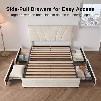 Novilla King Size Bed Frame with Storage Drawers, King Bed Frame and Headboard, King Bed Frame with LED Lights, Charging Station and Adjustable Headboard, No Box Spring Needed, White Velvet