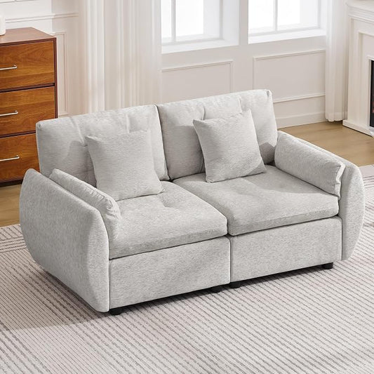 57" Modular Loveseat Cloud Sofa, Deep Seat Tufted Chenille Sectional Love Seat Couch with Curved Arms, 2-Seater Couches for Living Room, Light Grey