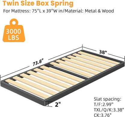VIPSHOW 2 Inch Wood Slat Twin Box Spring with Round Corners - 3000 lbs Capacity, Low Profile Bed Slat Replacement Bunkie Board with Metal Frame, Noise-Free, Easy Assemble, Black
