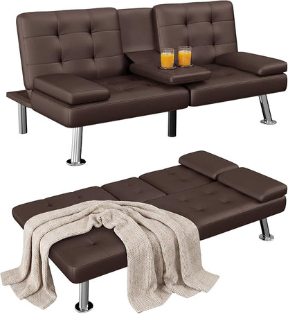 Homall Futon Sofa Bed, Leather Futon Couch with Removable Armrests, Adjustable Recliner Sleeper Sofa Bed with Dual Cup Holders for Living Room, Apartment, Office (Brown)