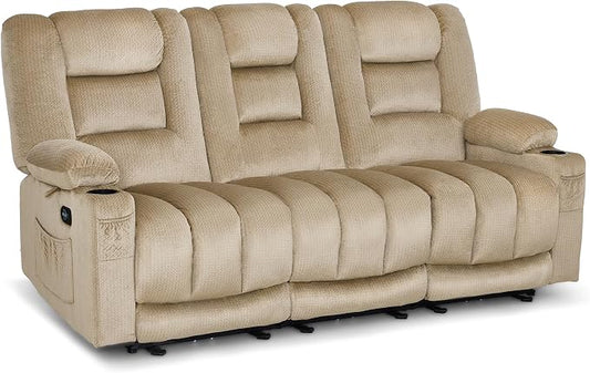 MCombo Zero Gravity Power Reclining Sofa with Heat and Vibration Massage, 3 Seater Reclining Couch with USB Ports, Cup Holders for Living Room, Fabric PR648SET (Beige)