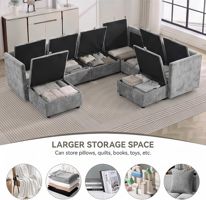 105" Light Grey Modular Storage Sofa, U Shaped Chenille Couch with Ottoman | Oversized Convertible Sectional Sofa, 6-Seat Sectional Couch With 2 Ottomans, Large Cloud Couch For Living Room, Apartment.