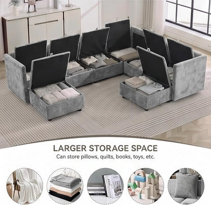 105" Light Grey Modular Storage Sofa, U Shaped Chenille Couch with Ottoman | Oversized Convertible Sectional Sofa, 6-Seat Sectional Couch With 2 Ottomans, Large Cloud Couch For Living Room, Apartment.