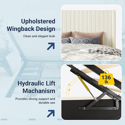 Allewie King Size Lift Up Storage Bed Frame, Hydraulic Support System, Upholstered Platform Bed Frame, Underneath Storage, Vertical Channel Tufted Headboard with Wingback, No Box Spring Needed, Cream