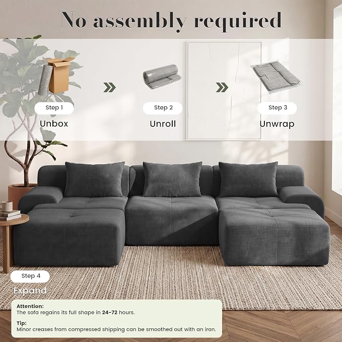 GRUSIGN 118'' Modular Sectional Oversized Boneless Couch, Tufted Cloud Sectional Couches for Living Room, U Shape Deep Seat Sofa with 2 Ottoman & 3 Throw Pillows,Corduroy Couch,Dark Grey