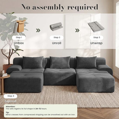 GRUSIGN 118'' Modular Sectional Oversized Boneless Couch, Tufted Cloud Sectional Couches for Living Room, U Shape Deep Seat Sofa with 2 Ottoman & 3 Throw Pillows,Corduroy Couch,Dark Grey