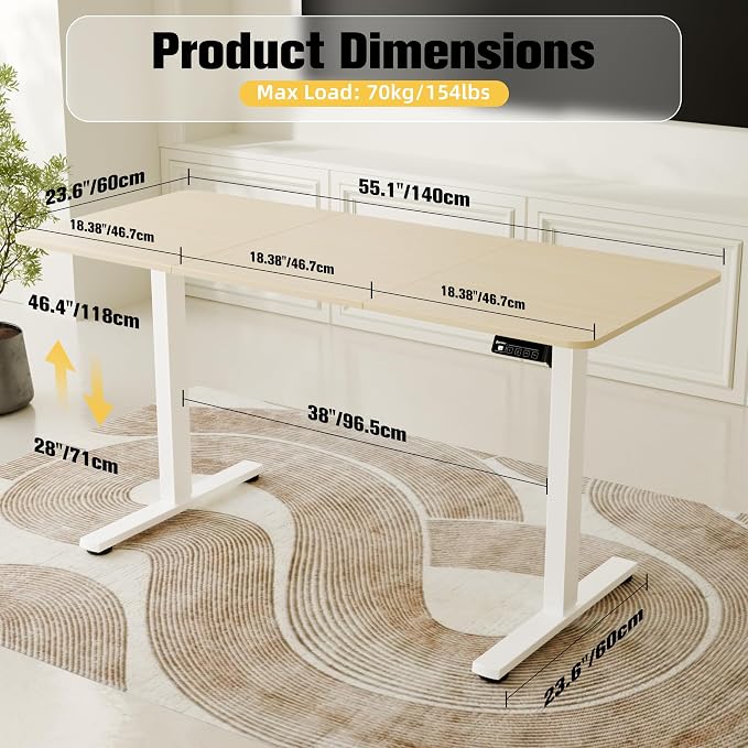 ERGOMAKER Electric Standing Desk, 55" x 23.6" Height Adjustable Sit Stand Desk with Splice Board for Home Office, Computer Desk Memory Preset (White Frame, Gold Oak Desktop)