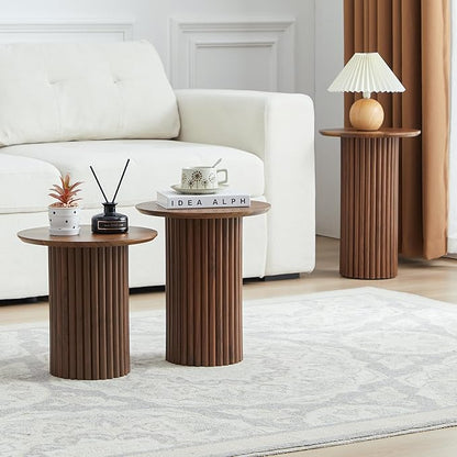 Bifins Round Nesting Coffee Table Set of 3,Mid Century Modern Fluted Coffee and End Table Set,Small Circle Wooden Side Table Drink Table for Living Room (Walnut)