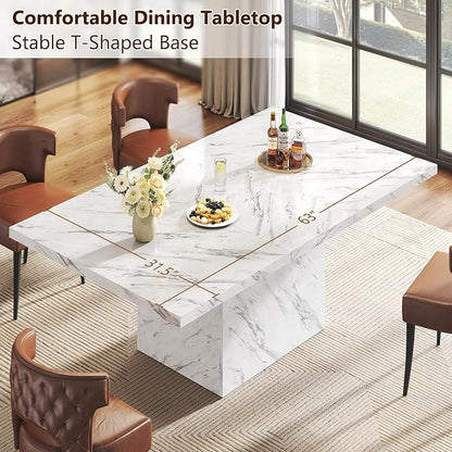 HSH White Faux Marble Dining Table, 63 inch Modern Dinner Table for 6 people, Farmhouse Rectangle Kitchen Table for Living Room, Large Wood Dining Room Tables with strong Pedestal, White Marble, 63 In