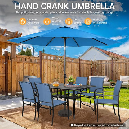 SUNCROWN 8 - Piece Outdoor Dining Set, Patio Furniture Set with 6 Textilene Dinning Chairs, 1 Rectangle Metal Table and 1 Sky Blue 9Ft Patio Umbrella for Lawn Garden Backyard Deck, Blue