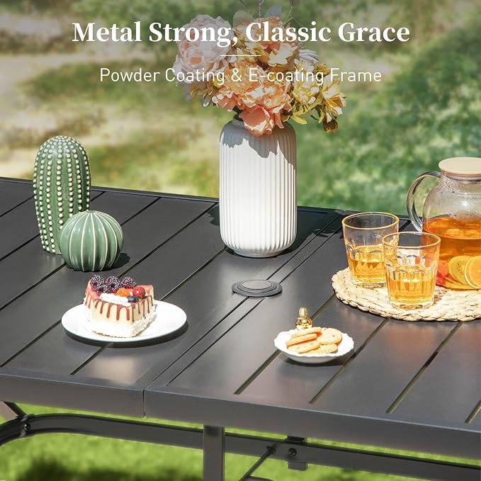 7pc Patio Dining Set for 6, Outdoor 59" Metal Table & Woven Rattan Chairs | 6 cushioned chairs + rectangle steel table. Waterproof, stain-resistant & wipe-clean. Ideal for backyard, garden & poolside.